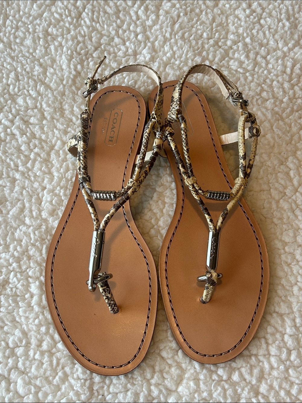 COACH Tan Leather Thong Sandals with Snake-Print Straps
